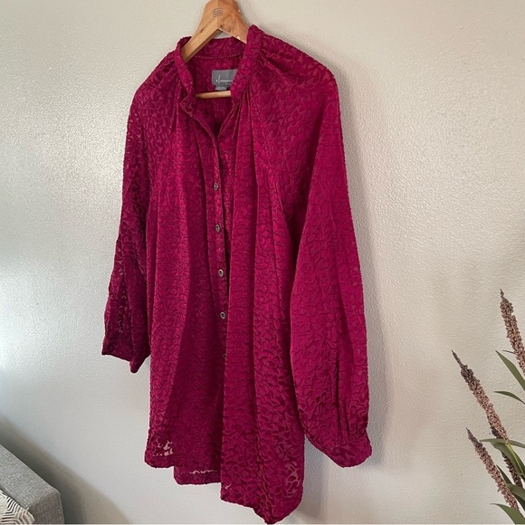 Anthropologie | Susanna Velvet Burnout Magenta Button Down Top, L - Picture 6 of 14